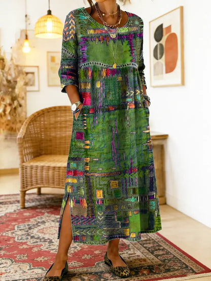 Manuela - Unique Free Denim Dress with Ethnic Patchwork