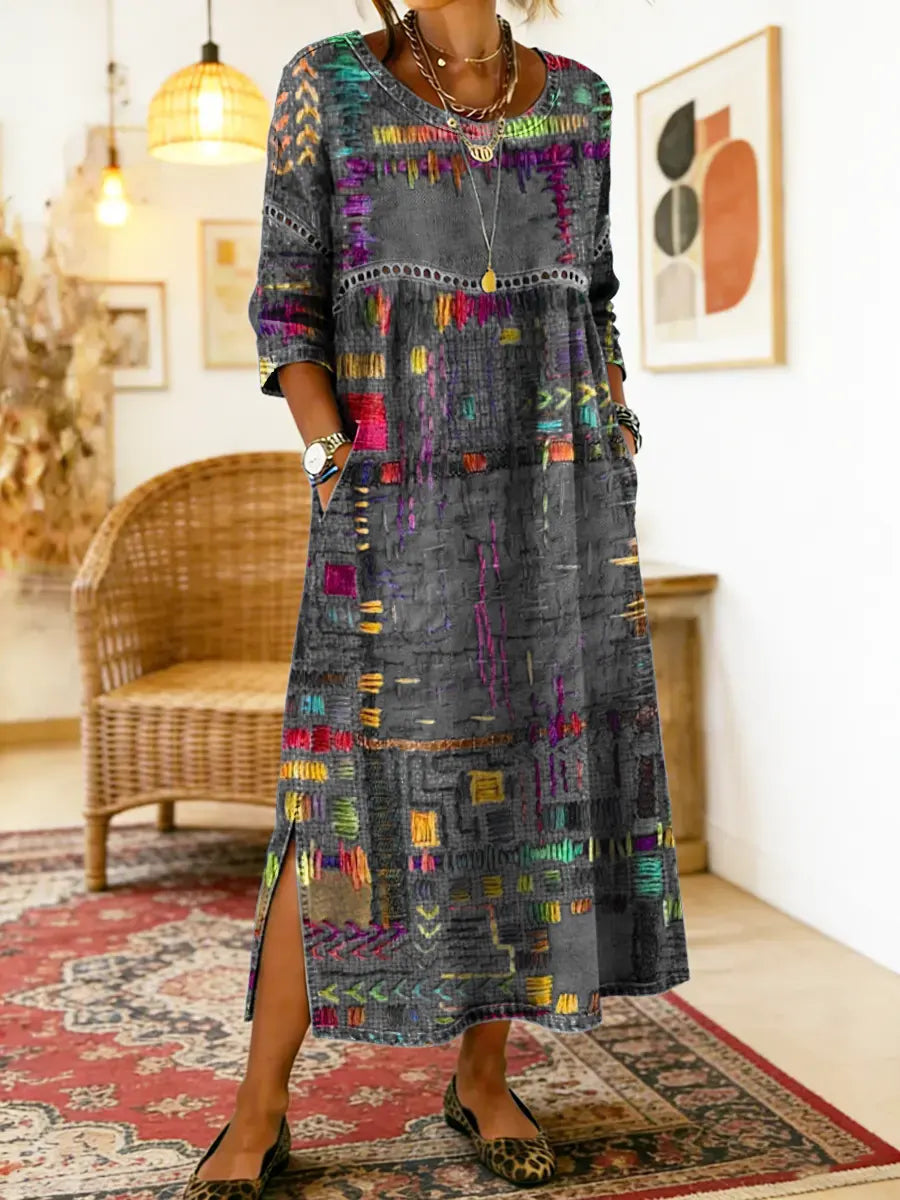 Manuela - Unique Free Denim Dress with Ethnic Patchwork