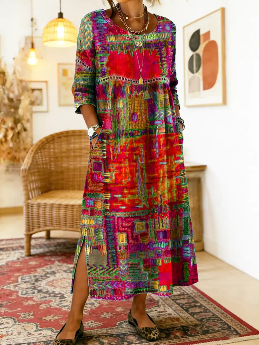 Manuela - Unique Free Denim Dress with Ethnic Patchwork