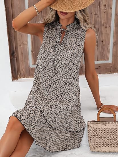 Women's Dress with Bow and Geometric Pattern