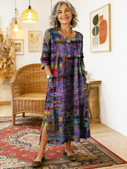 Manuela - Unique Free Denim Dress with Ethnic Patchwork
