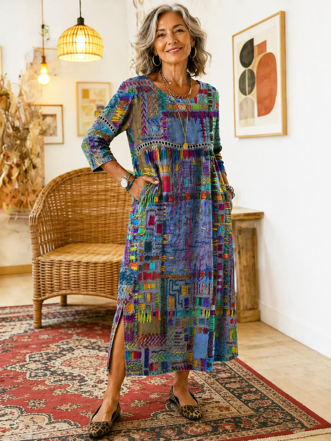Manuela - Unique Free Denim Dress with Ethnic Patchwork