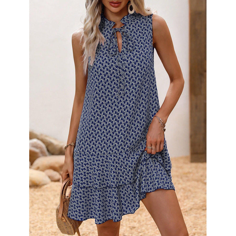 Women's Dress with Bow and Geometric Pattern
