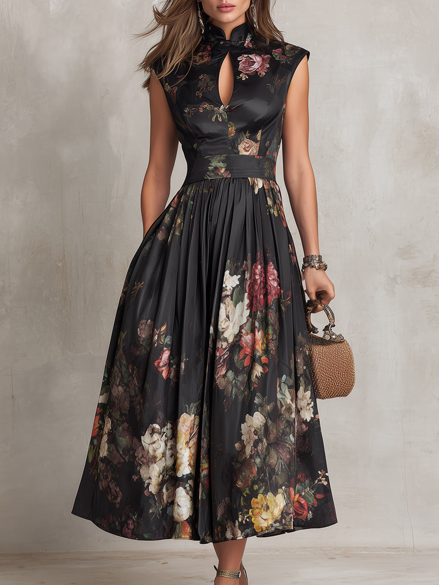 Pleated Satin Midi Dress with Keyhole Neckline - Elegant