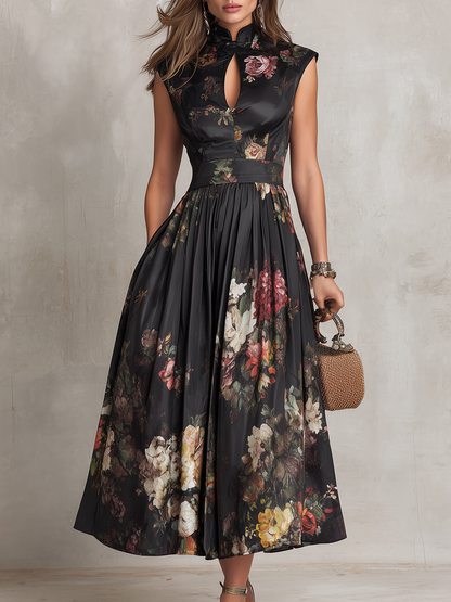 Pleated Satin Midi Dress with Keyhole Neckline - Elegant
