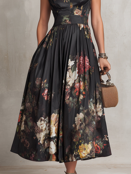 Pleated Satin Midi Dress with Keyhole Neckline - Elegant