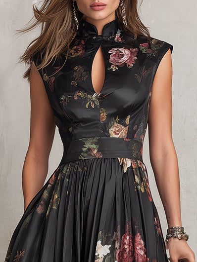 Pleated Satin Midi Dress with Keyhole Neckline - Elegant