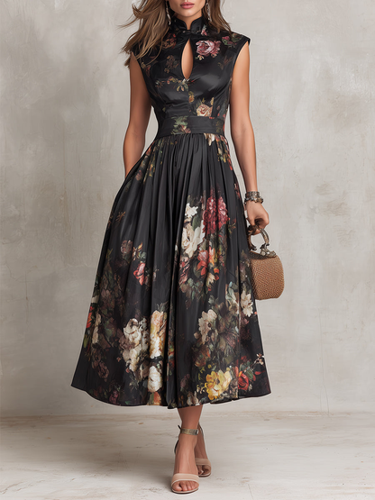 Pleated Satin Midi Dress with Keyhole Neckline - Elegant