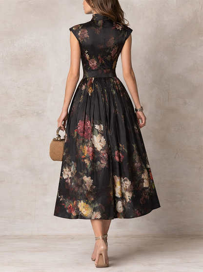 Pleated Satin Midi Dress with Keyhole Neckline - Elegant