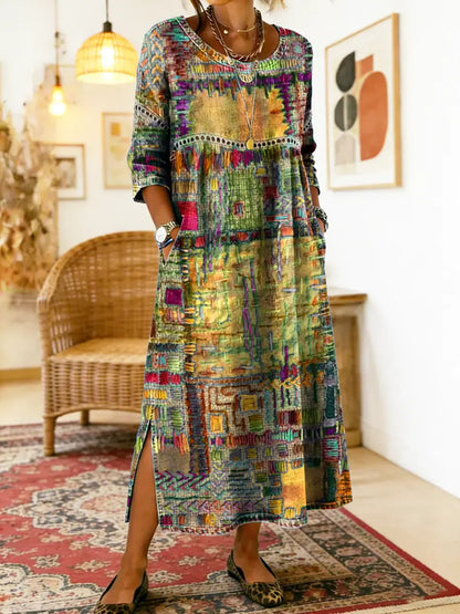 Manuela - Unique Free Denim Dress with Ethnic Patchwork