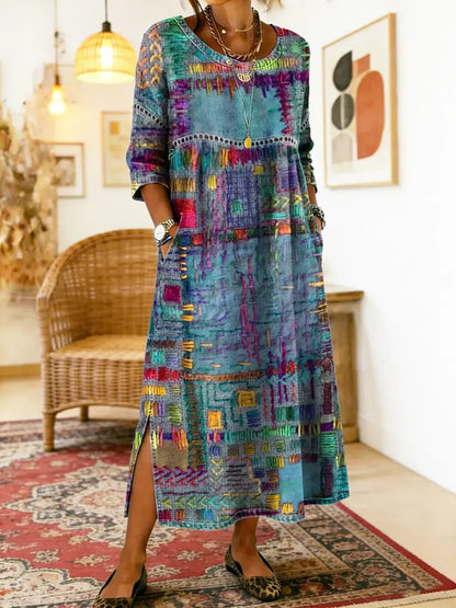 Manuela - Unique Free Denim Dress with Ethnic Patchwork