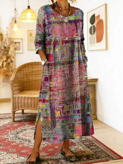 Manuela - Unique Free Denim Dress with Ethnic Patchwork