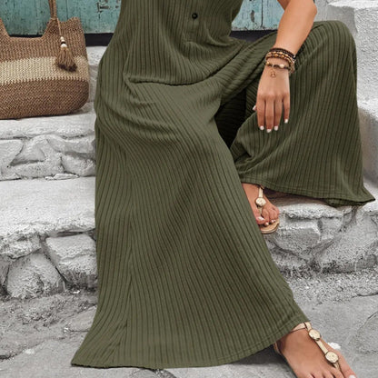 Sleeveless Ribbed Wide-Leg Jumpsuit - Comfortable Jumpsuit