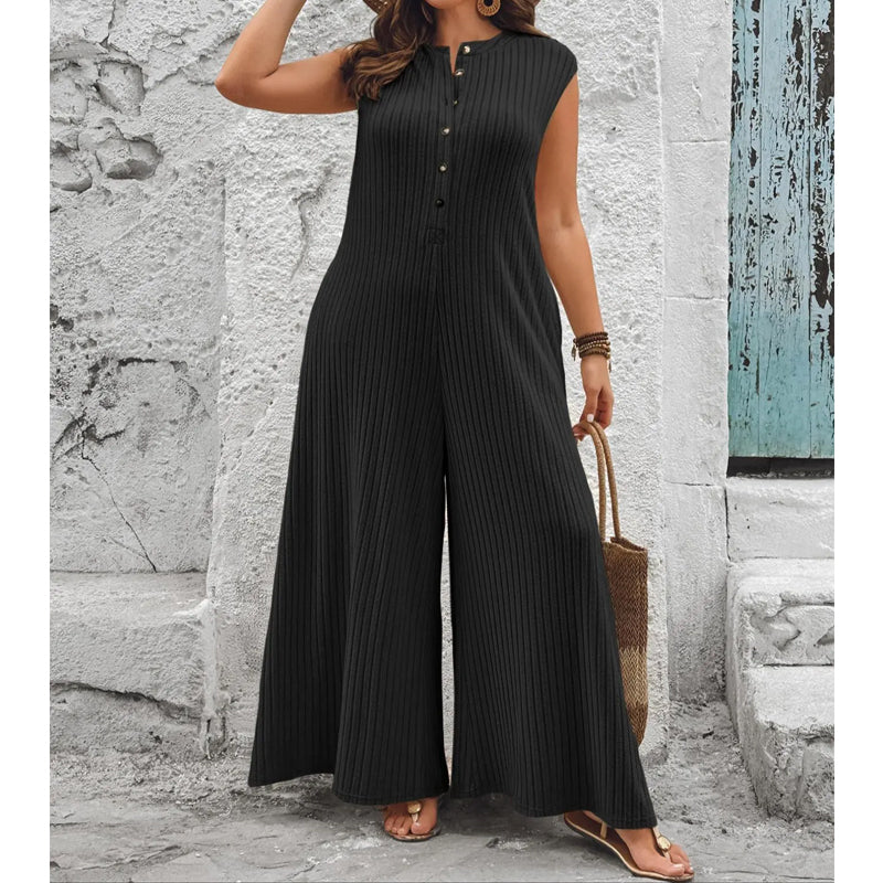 Sleeveless Ribbed Wide-Leg Jumpsuit - Comfortable Jumpsuit