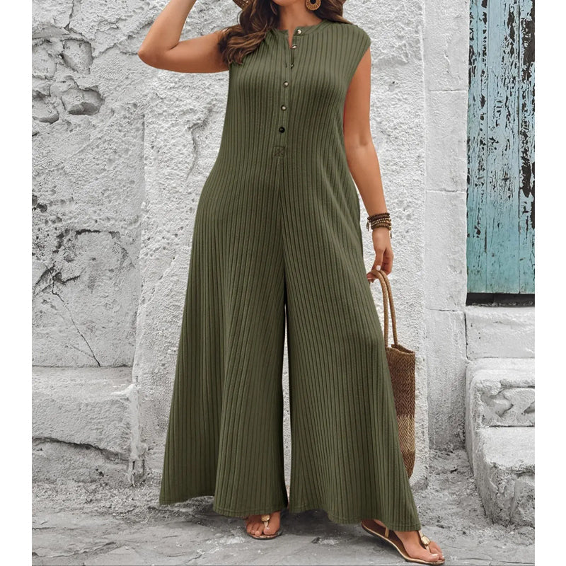 Sleeveless Ribbed Wide-Leg Jumpsuit - Comfortable Jumpsuit