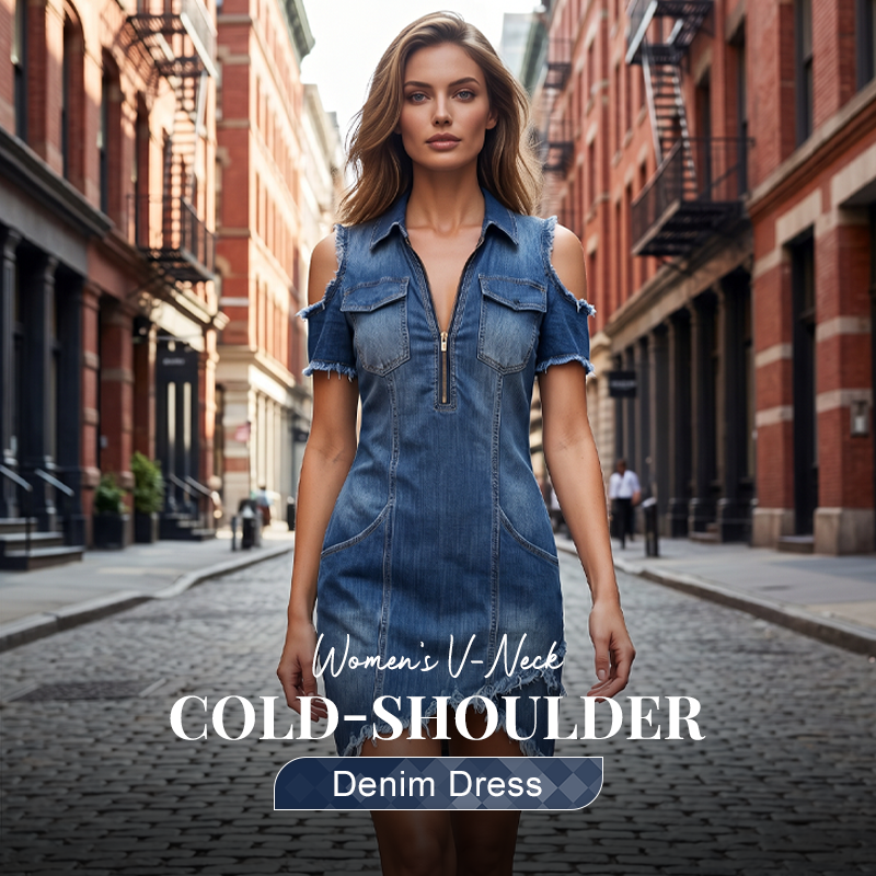 Women's Denim Dress with Off-Shoulder Design – V-Neck