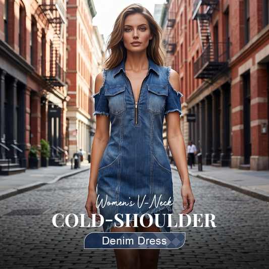Women's Denim Dress with Off-Shoulder Design – V-Neck